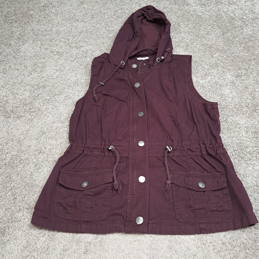 Maurices Womens Burgundy Cotton Hooded Utility Vest Size L Snap Zip Front 8141